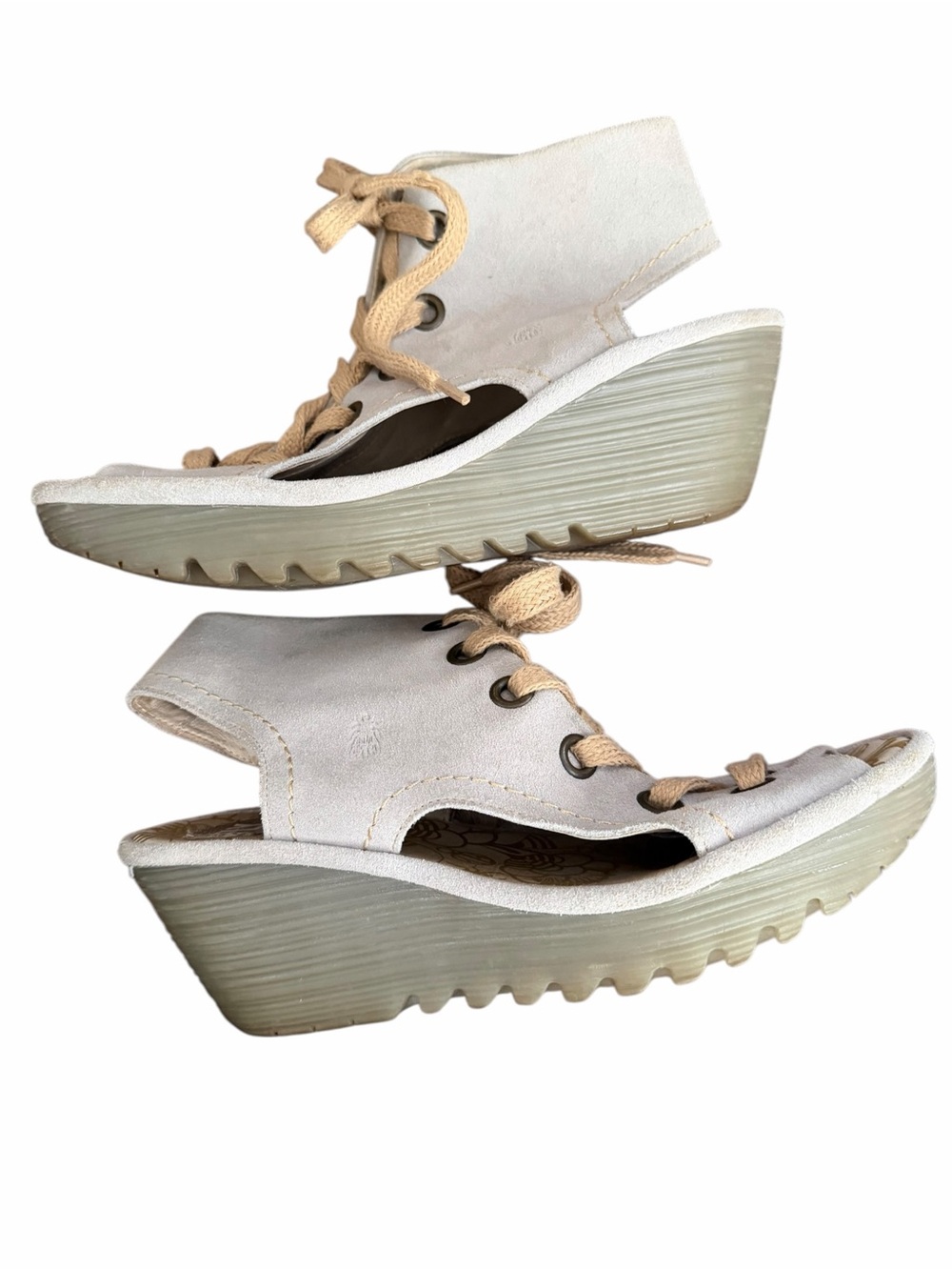 FLY London Yaba Lace-Up Wedge Sandals size 42/11 Dove Grey Suede Peep Toe Shoes
